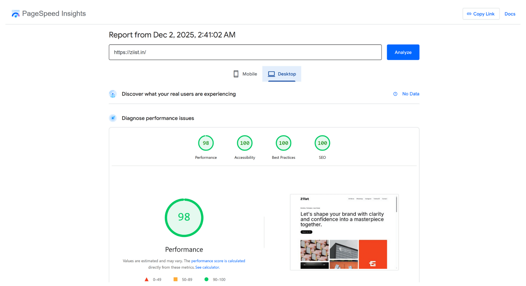 Ziist Studio PageSpeed [Desktop]