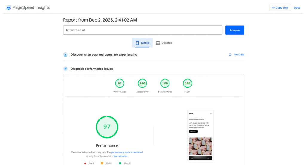 Ziist Studio PageSpeed [Mobile]
